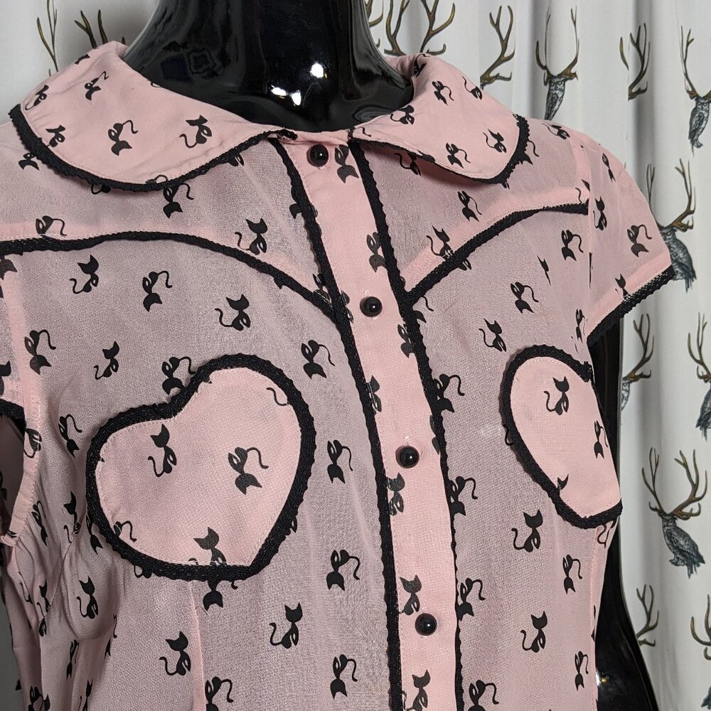Positively Purrfect Voodoo Vixen Sheer Pink Crepe Top with Black Cats